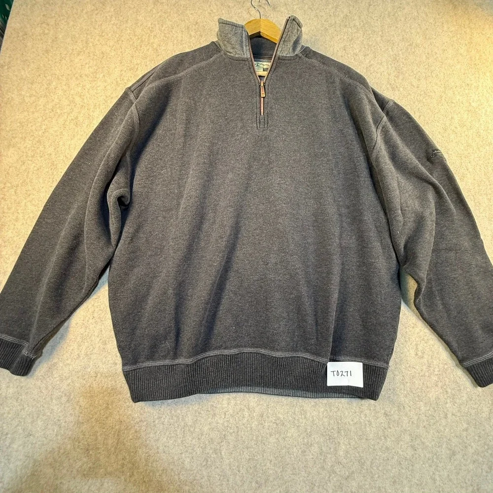 Tommy Bahama Men Large 1/4 Zip Cotton Pullover Sweater Charcoal Grey Marlin Logo